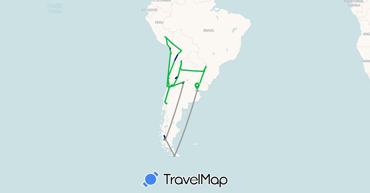 TravelMap itinerary: driving, bus, plane, hiking, boat in Argentina, Bolivia, Brazil, Chile, Peru (South America)